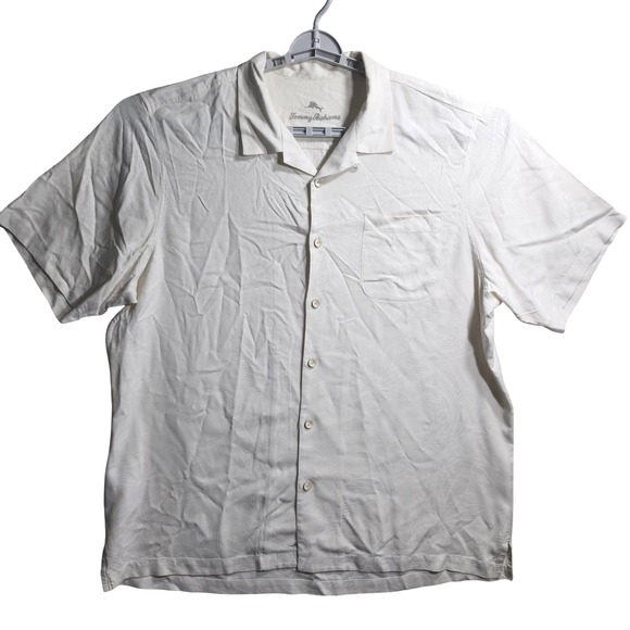 Tommy Bahama Silk Camp Shirt Tropical Palm Tree Print Button Up XLT eggshell‎ - Picture 1 of 10